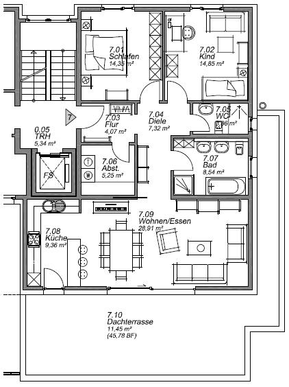 Wohnung 7 Penthouse-Wohnung im Dachgeschoß (2. OG, Fahrstuhl vorhanden) Wohnungsgröße: 96 m² zzgl.