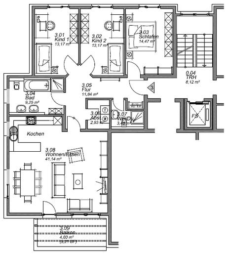 Wohnung 3 Wohnung im Obergeschoß (1. OG, Fahrstuhl vorhanden) Wohnungsgröße: 109 m² zzgl.