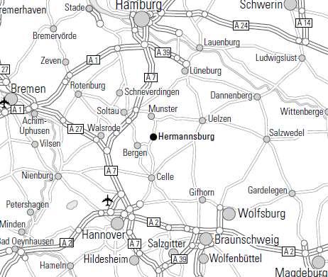 So finden Sie uns Anreise mit dem Pkw A7 von Norden: Hamburg Hannover; Abfahrt Soltau-Süd. Über Bergen (B3) nach Hermannsburg. A7 von Süden: Hannover Hamburg; Abfahrt Hannover-Kirchhorst.