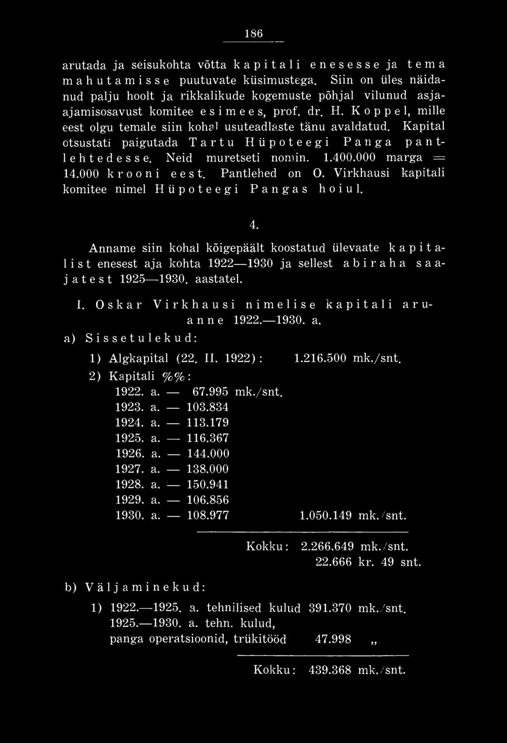 aastatel. I. Oskar Virkhausi nimelise kapitali aruanne 1922. 1930. a. a) Sissetulekud: 1) Algkapital (22. II. 1922): 1.216.500 mk./snt. 2) Kapitali %%: 1922. a. 67.995 mk./snt. 1923. a. 103.