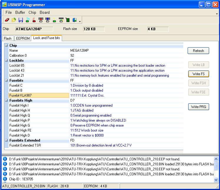 Finger weg vom Fusebit High Q (Serial Programming)! Da muss "0 Serial programming enabled" stehen. Wird dieses Bit nicht gesetzt - Wert 1 - ist die ISP-Schnittstelle ausgeknipst.