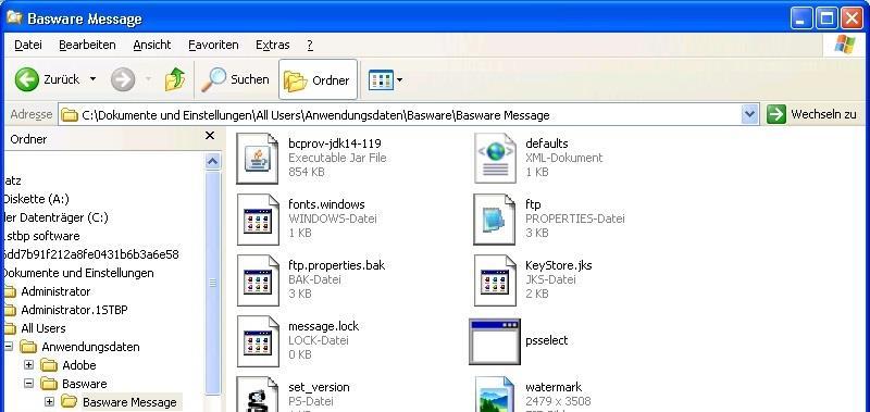 Basware Message, Windows XP und Server 2003: C:\Dokumente und Einstellungen\All Users\Anwendungsdaten\Basware\Basware Message\ Der Ordner Anwendungsdaten ist ein versteckter Ordner!