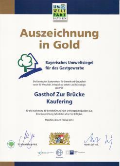 Bayerischen Umweltsiegels für das Gastgewerbe in Gold -