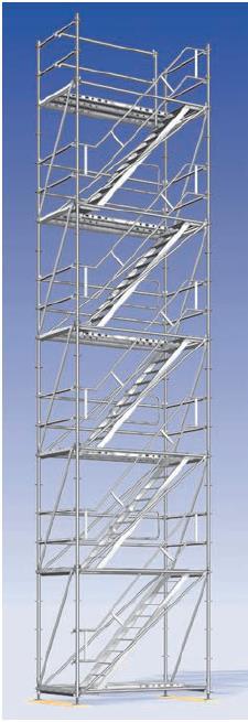 Standard-Podesttreppenturm Konstruktion 4-stieliger Treppenturm mit Grundriss 1,40 x 2,57 m Aluminium-Podesttreppen, gleich- oder gegenläufig Montage klassisch von unten nach oben besonders kritisch