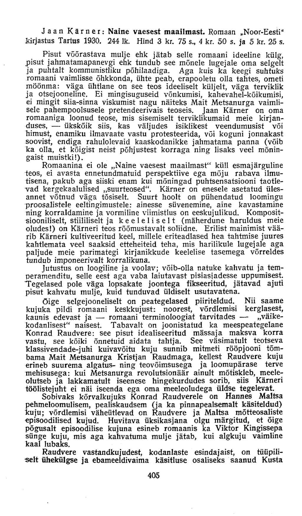 Jaan Kärner: Naine vaesest maailmast. Romaan..Noor-Eesti" kirjastus Tartus 1930. 244 lk. Hind 3 kr. 75 s., 4 kr. 50 s. ja 5 kr. 25 s.