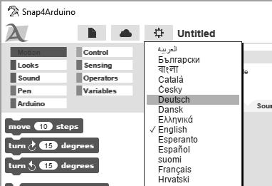 Programmiersprache Snap4Arduino. Laden Sie sich die aktuelle Version bei s4a.cat/snap herunter oder verwenden Sie einfach die Datei Snap4Arduino-aktuell.exe aus den Downloads zum Adventskalender.