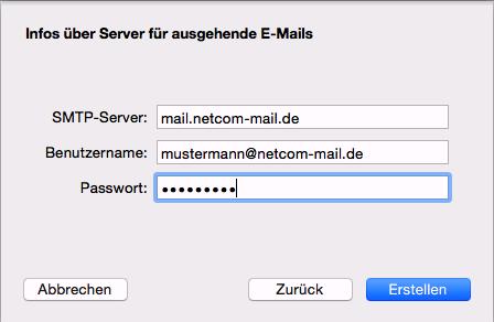 Schritt 6: Im nächsten Fenster geben Sie weitere Daten für ausgehende E-Mails an. Bei SMTP-Server tragen Sie mail.netcom-mail.
