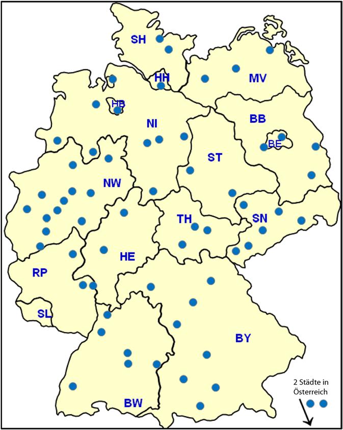 Abb. 3 8 Geografische Lage der klinisch-mikrobiologischen Labore, die an das RKI in Wernigerode Enterokokkenisolate (meist VRE) mit klinisch-epidemiologischer Fragestellung einsandten (in größeren