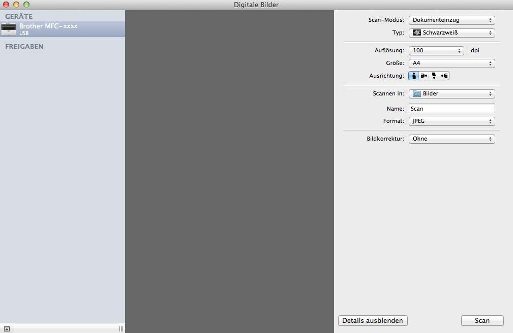 Scannen Typ: Wählen Sie Farbe, Schwarzweiß oder Text. Auflösung: Wählen Sie die Auflösung, mit der das Dokument gescannt werden soll. Eigene Größe verwenden (OS X v10.7.x bis v10.8.