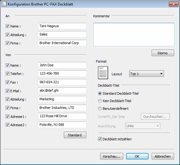 Brother PC-FAX-Software (Für MFC-Modelle) Einrichten eines Deckblattes 5 Klicken Sie im Dialogfeld zum Senden eines PC-Faxes auf, um den
