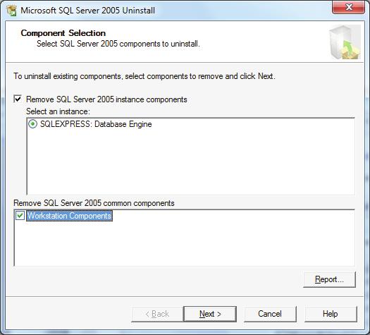 Beachten Sie bei der Deinstallation von Microsoft SQL Server 2005 die rechts abgebildeten Optionen.