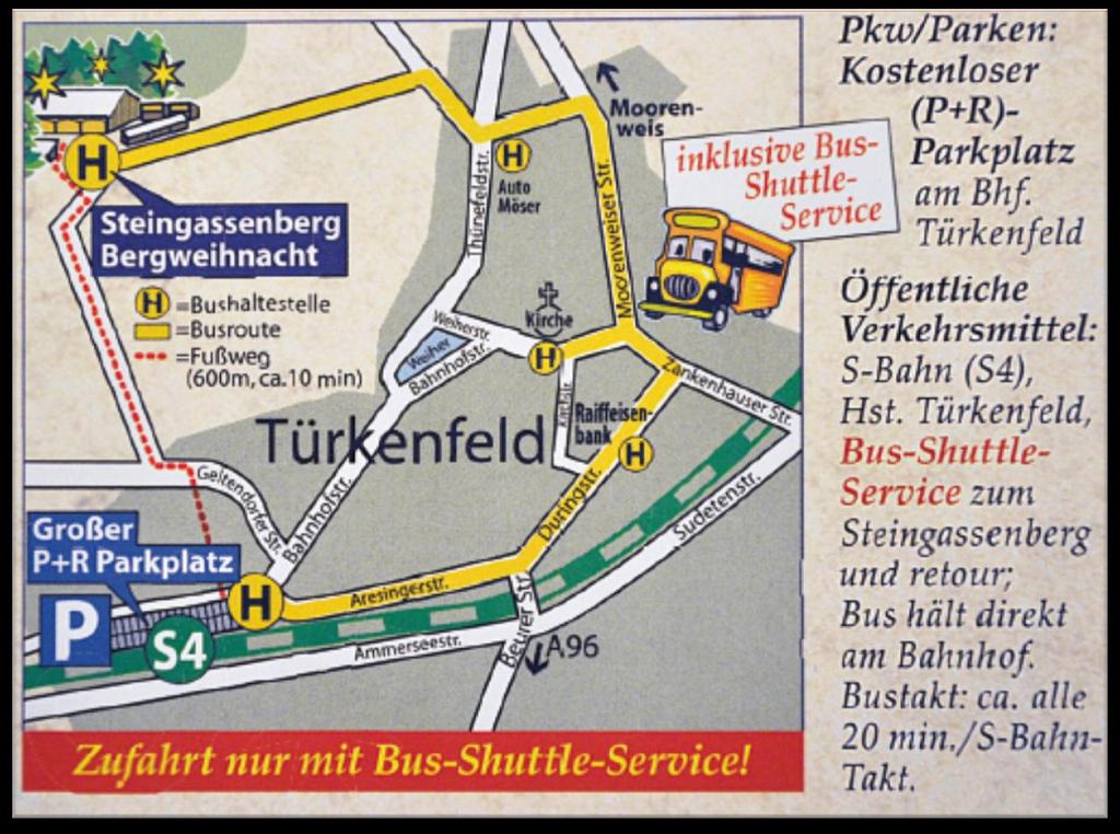 Anfahrt Türkenfeld befindet sich etwa 30 km westlich von München die Bergweihnacht schmiegt sich an den Hang des Steingassenberges.