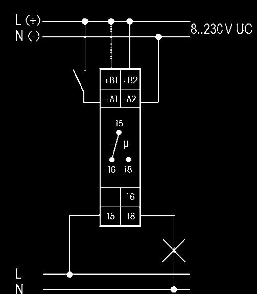 B1 oder B2 können zwei unterschiedliche Funktionsebenen ausgewählt werden: Funktionsebene 1 bei Anschluss der Stromversorgung an B1-A2 RV = Rückfallverzögerung AV =