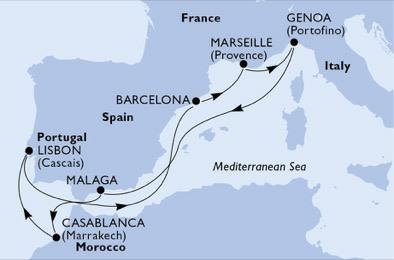 Kreuzfahrt : Mittelmeer Italien, Spanien, Marokko, Portugal, Frankreich Schiffe: MSC MAGNIFICA Abfahrt von: Genua, Italien Routen: Malaga, Casablanca, Lissabon, Barcelona, Marseille Abfahrtsdatum: 08.