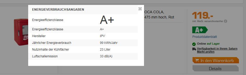 Wenn das komplette Energielabel nicht angezeigt werden kann, muss der alternative Text die Effizienzklasse des Produktes in der Größe des Preises anzeigen.