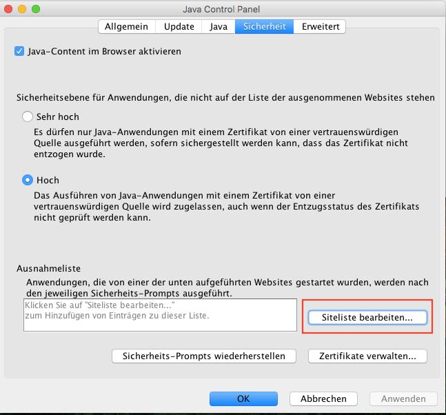 18: Aufrufen des Java Applets Abb.19: Wechsel auf den Reiter "Sicherheit" im Java Control Panel Abb.