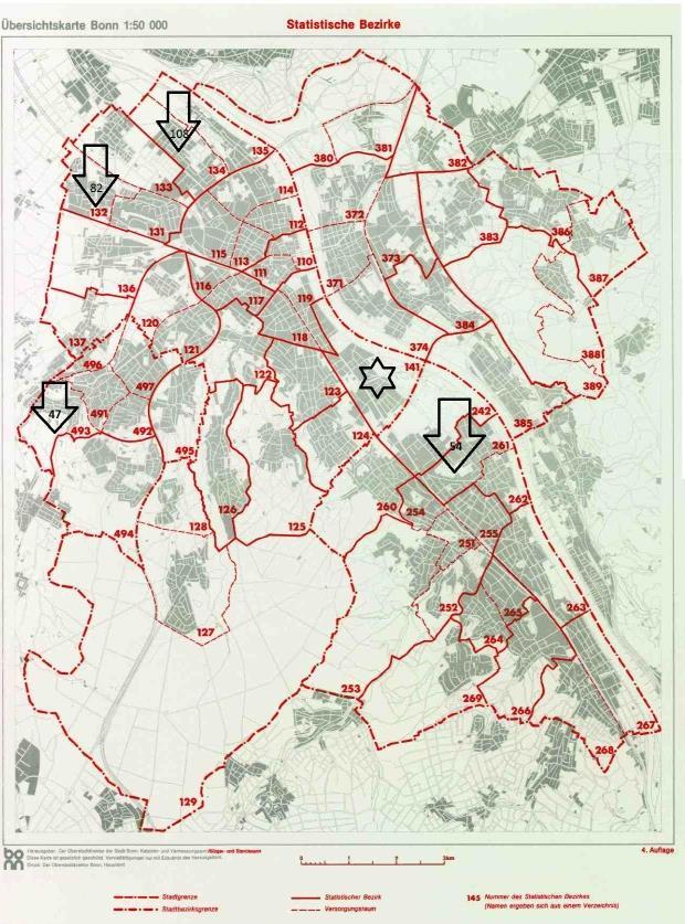 Abbildung 6: Stadtteile mit den meisten Einwohnern jüdischen Glaubens (absolute Zahlen) Lokal gesehen leben die meisten Juden im Stadtteil Auerberg (108 Juden, was einem