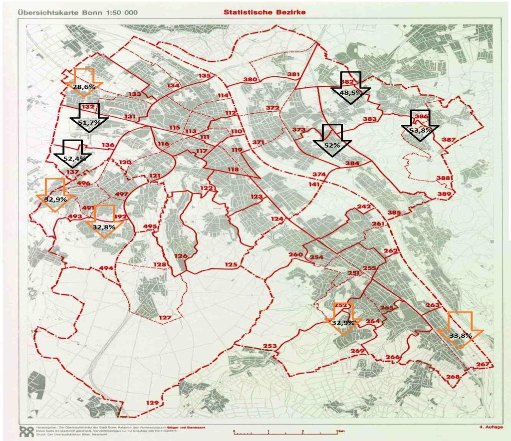 Pfeil gekennzeichnete) Regionen: Neu-Plittersdorf, Mehlem-Rheinaue, Heiderhof, Medinghoven und Brüser Berg (STATISTIKSTELLE DER BUNDESSTADT BONN, 2004).
