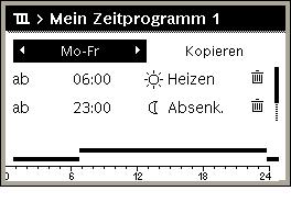 Auswahlknopf drücken, um das Menü Heizung zu öffnen. Auswahlknopf drehen, um Zeitprogramm zu markieren. Auswahlknopf drücken, um das Menü Zeitprogramm zu öffnen.