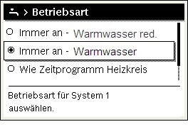 Auswahlknopf drücken, um das Menü Warmwasser zu öffnen. Ergebnis Zeitprogramm für Warmwasserbereitung wählen und einstellen Menü für Warmwassereinstellungen öffnen.