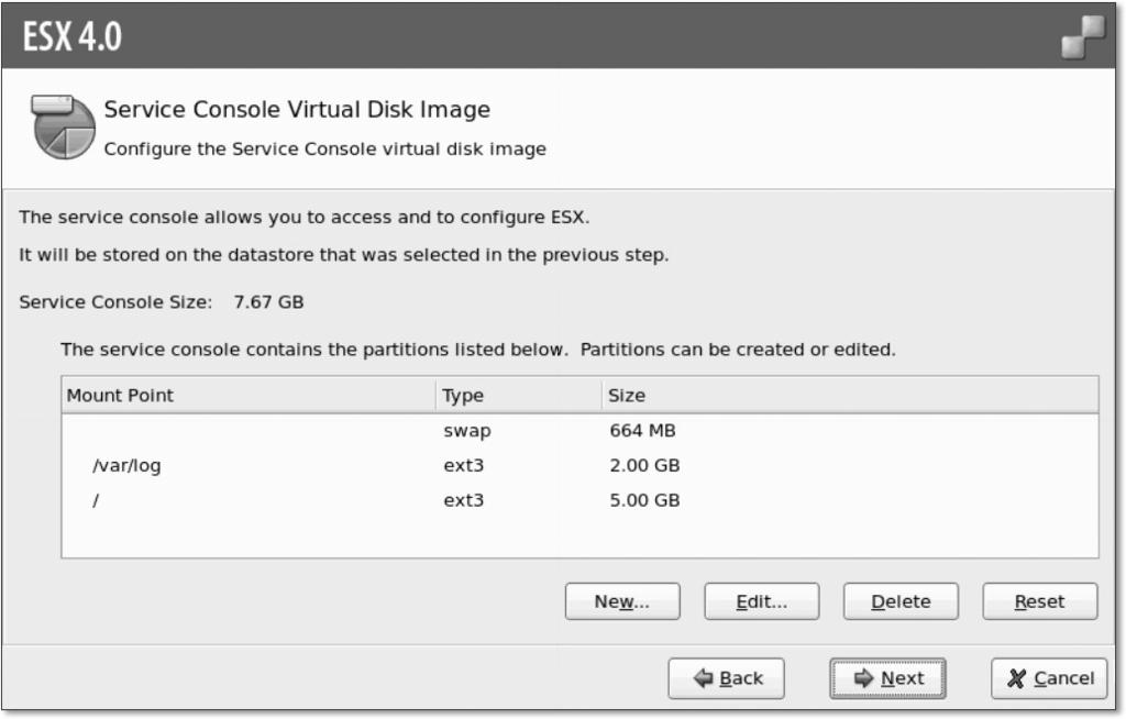 7 VMware vsphere Partitionsschema für Service Console festlegen Wenn Sie einen neuen Datastore anlegen, wird auf dem ausgewählten Gerät eine Partition angelegt, in der ein VMFS-Dateisystem erzeugt