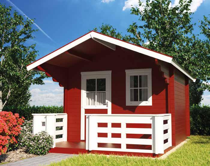 Praktischer und solider Raum im Garten: das Cottage in der Breite 308 cm, hier als Variante mit 150 cm Vordach und Sonderausstattung Terrasse.Bauseits farbbehandelt mit Joda color.