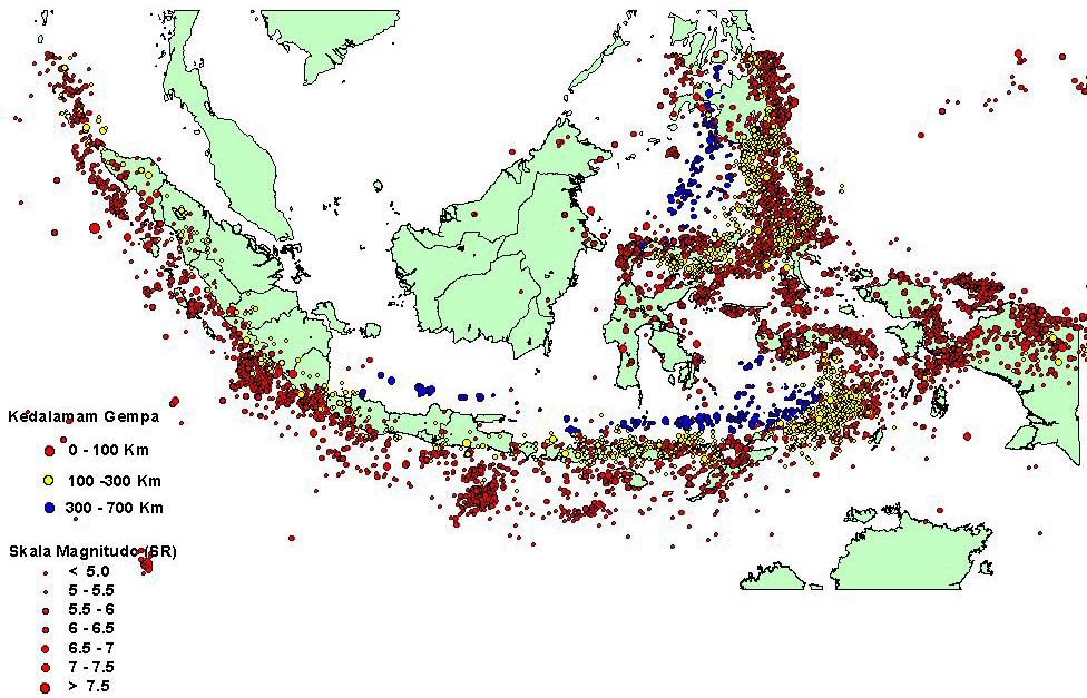 Seismizität in Indonesien 1991-2000 sowie starke Beben nach 2004 2004 (M 9.3) 2005 (M 8.