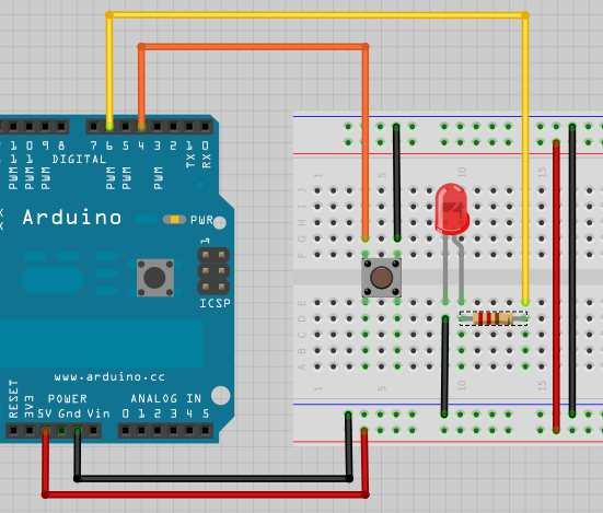 Widerstand: R2 U pin = 5V R1 + R2 = 5V 10kΩ + = 5V = 5V Taster geschlossen: Ein geschlossener Taster hat keinen Widerstand: R2 U pin = 5V R1 + R2 0Ω = 5V 10kΩ + 0Ω 0Ω = 5V = 0V 10kΩ Das Schließen und