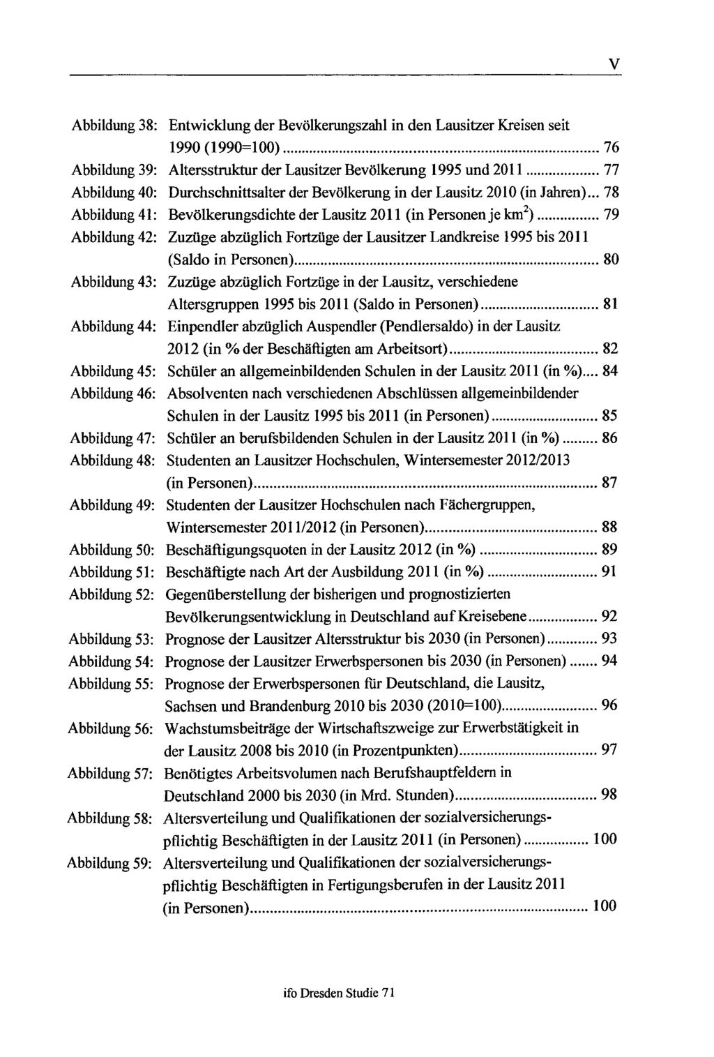 V Abbildung 38: Entwicklung der Bevölkerungszahl in den Lausitzer Kreisen seit 1990(1990=100) 76 Abbildung 39: Altersstruktur der Lausitzer Bevölkerung 1995 und 2011 77 Abbildung 40: