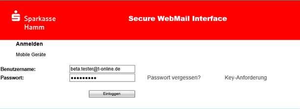 Registrierungsprozess: Sie registrieren sich als WebMail-Teilnehmer und können dann künftig vertrauliche Informationen per E-Mail mit der Sparkasse Hamm