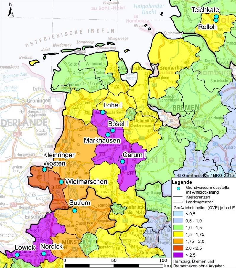 2 Projektdurchführung Abbildung 1: Lage der elf untersuchten Standorte in den viehstarken Regionen der drei Bundesländer SH, NI, NRW Insgesamt wurden elf Standorte, zwei in SH, drei in NRW und sechs