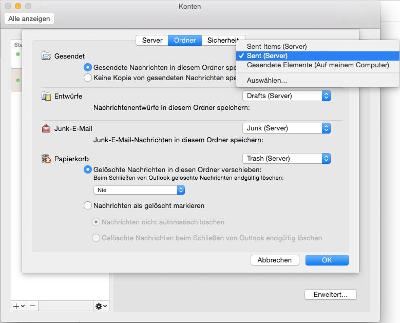Schritt 12 - nur bei IMAP Konten Abschließend kontrollieren Sie ob bei Gesendet der Ordner Sent (Server) gewählt