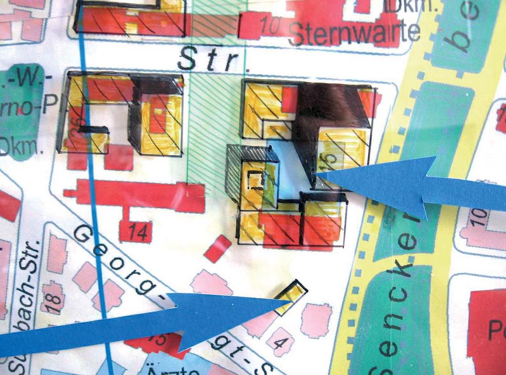 Areal um AFE-Turm Die gelbe (skizziert) Schraffur zeigt die neue Bebauungsplanung. Pharmaziegebäude und Sternenwarte bleiben. Geplant ist eine Hochhausgruppe mit silhouettenbildendem 140 m Turm.