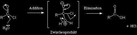Säurechloride reagieren zum Beispiel sehr rasch mit Wasser und bilden dann Carbonsäuren : Die Reaktion von Säurechloriden mit Alkoholen verläuft über einen ähnlichen Mechanismus