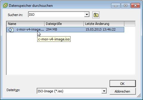 Wählen Sie jetzt die hochgeladene ISO-Datei aus: Die ausgewählte Datei erscheint im Feld Datenspeicher-ISO-Datei.