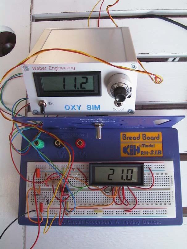 Bild 05 Versuchsaufbau des Sauerstoffmessgerätes Sauerstoffsensor oder Simulator Potentiometer Operationsverstärker Anzeigeinstrument c.