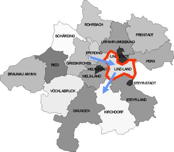 3) RÄUMLICHE BETRACHTUNG DES VERKEHRS FÜR DEN BEZIRK Linz-Land (Substrat: Wohnbevölkerung von Oberösterreich) Insgesamt werden von den Oberösterreicher/innen im Bezirk Linz-Land rund 457.