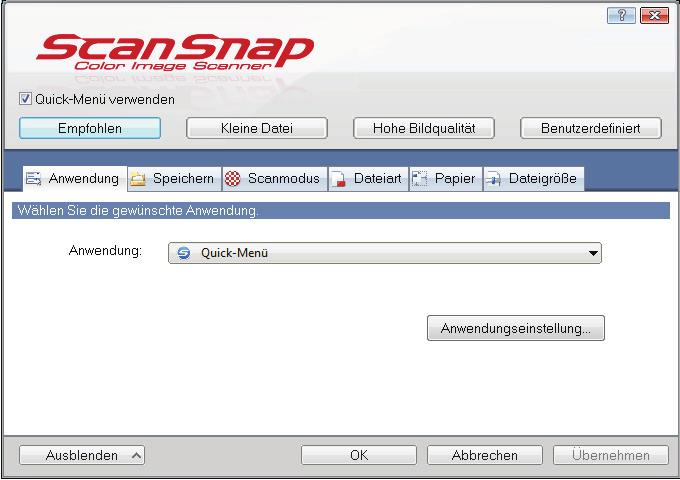 ScanSnap Setup Fenster ScanSnap Setup Fenster Wenn Sie auf das ScanSnap Manager Symbol im Infobereich ganz rechts in der Taskleiste rechtsklicken und [Einstellungen der Scan Taste] aus dem
