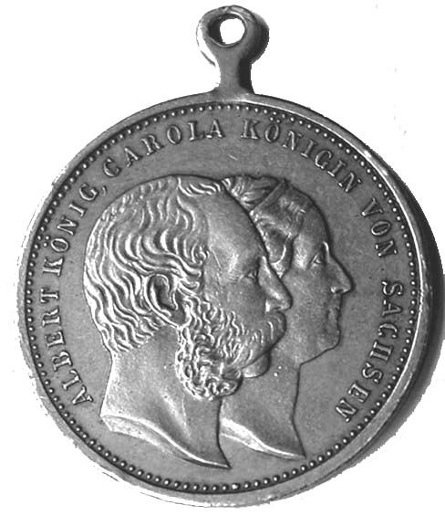 1889.4.3.1 Medaille 1889 (Christmann, Leipzig / Mayer, Stuttgart), Köpfe König Albert und König Carola hintereinander im Schriftkreis rechts, ohne Innenkreis / 7 Zeilen gerade, 800 JÄHRIGES.