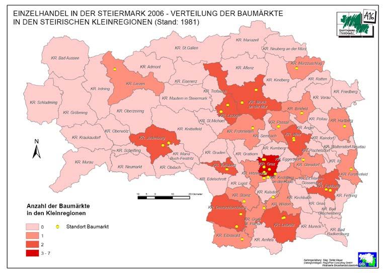 Räumliche Verteilung der Baumärkte Bei der an Filialen kleinsten Branche, der Baumarktbranche, sieht man einen starken Überschuss an Filialen in der südlichen Steiermark.