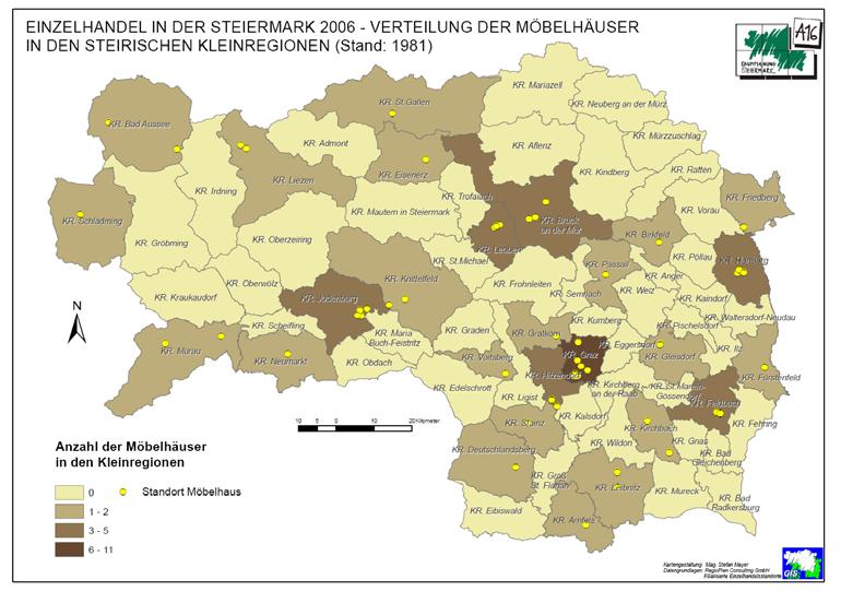 Räumliche Verteilung der Möbelhäuser Die 60 Möbelhäuser der Steiermark verteilen sich auf das gesamte Landesgebiet eher ausgewogen. Dominierend ist Graz als Standort mit 11 Möbelhäusern.