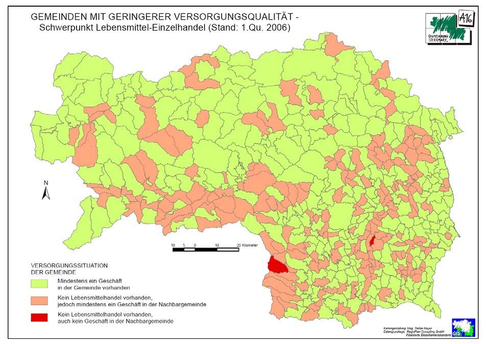 1.2. Gemeinden mit geringerer Versorgung Zu den geringer versorgten Gemeinden der Steiermark zählen diejenigen, die über kein Lebensmittelgeschäft in ihrem Gemeindegebiet verfügen.