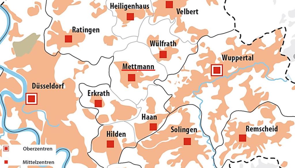 4 Einzelhandelsstandort Mettmann allgemeine Strukturdaten Die Lage Mettmanns in der Region ist durch folgende Faktoren gekennzeichnet: In einem Radius von rd.