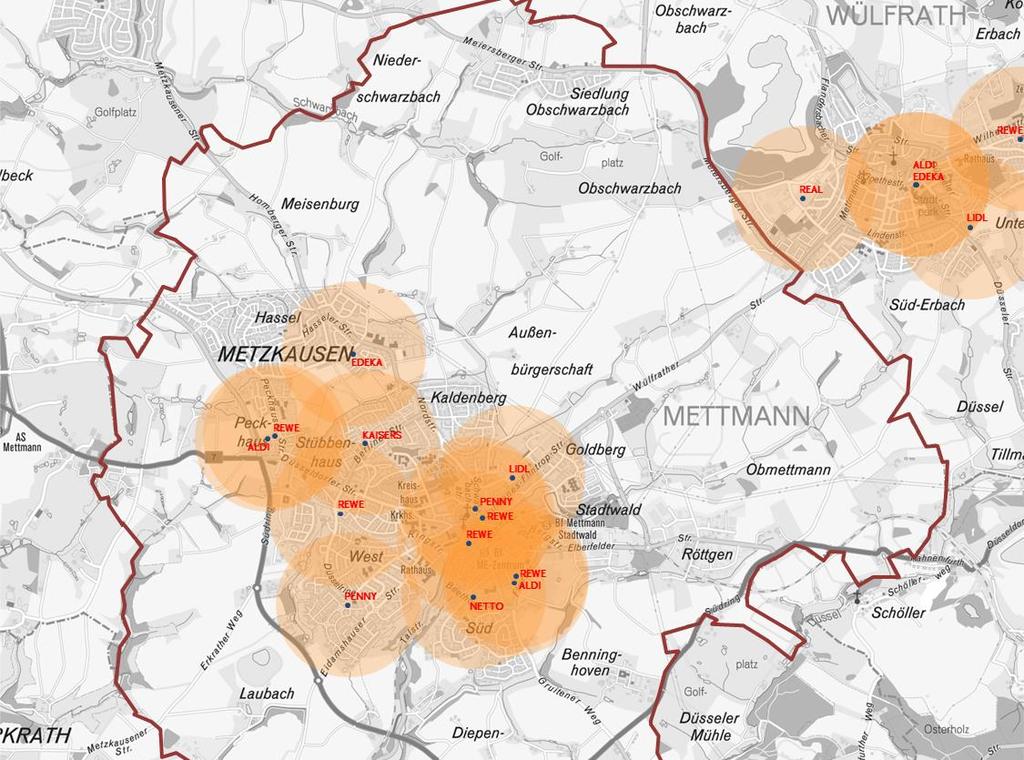 Abb. 19: Netzabdeckung der Lebensmittelmärkte in Mettmann Kartengrundlage: Stadtkarte Stadt Mettmann, cima Bearbeitung 2016 Die Analyse der Nahversorgungssituation unter Einbeziehung der räumlichen