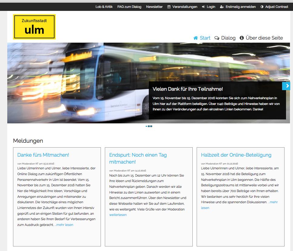 3 Vorstellung der Beteiligungsplattform Die Online-Beteiligung www.ulm-steigt-ein.de war eingebettet auf der Plattform des Projektes Zukunftstadt Ulm (www.zukunftstadt-ulm.