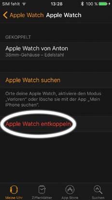 Danach tippen Sie auf das Info-Symbol neben der aufgelisteten Uhr. Nun können Sie die Funktion Apple Watch entkoppeln sehen.