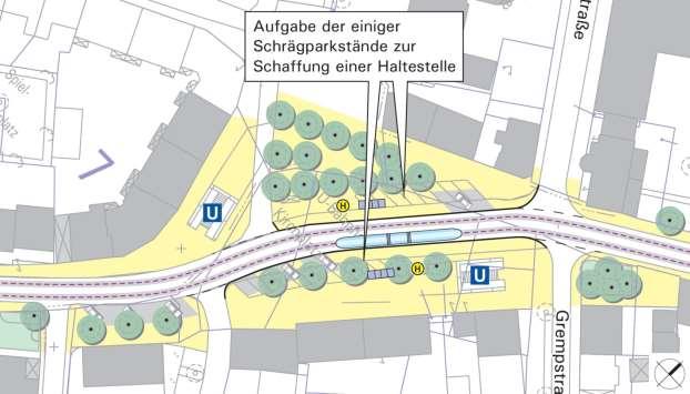 Im Bereich des Kirchplatzes zwischen den Einmündungen Fleischergasse und Grempstraße gestaltet sich der Straßenraum großzügiger. Hier böte sich die Einrichtung einer Haltestelle an.