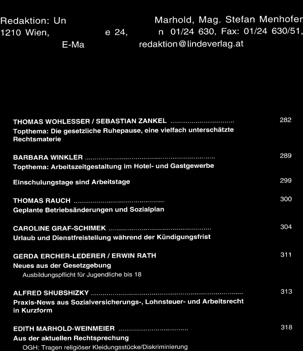 ARBEI Redaktion: Un 1210 Wien, 1 Þ.7 o - IALRECHTSKARTEI E-M a e 24, Marhold, Mag. Stefan Menhofer n 01/24 630, Fax: 01124 630/51, redaktion @ li ndeverlag.