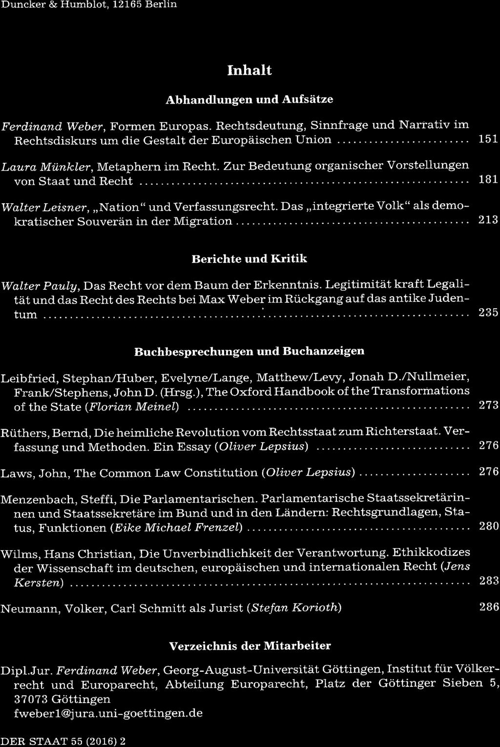 I t, I j : : î.t S a 55 (2016), rll-rv Duncker & Humblot, 12165 Berlin 'lù ç_ Å. a z. UJ Inhalt L Abhandlungen und Aufsätze Ferdinønd Weber, Forrnen Europas.