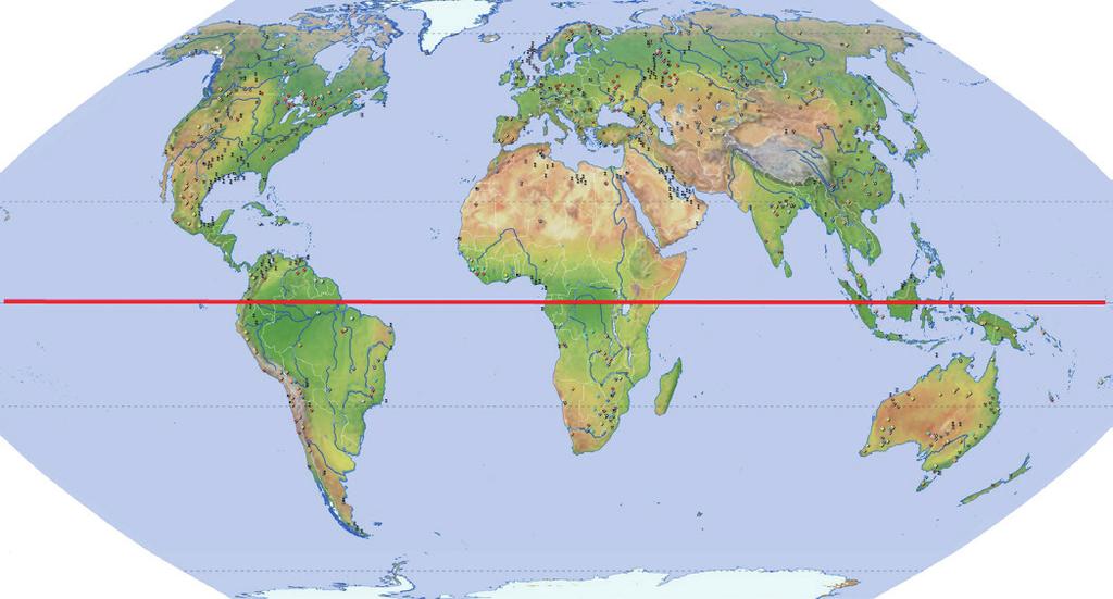 Welcher geometrische Begriff trifft auf den Äquator (rote Linie) zu? Begründe deine Behauptung!